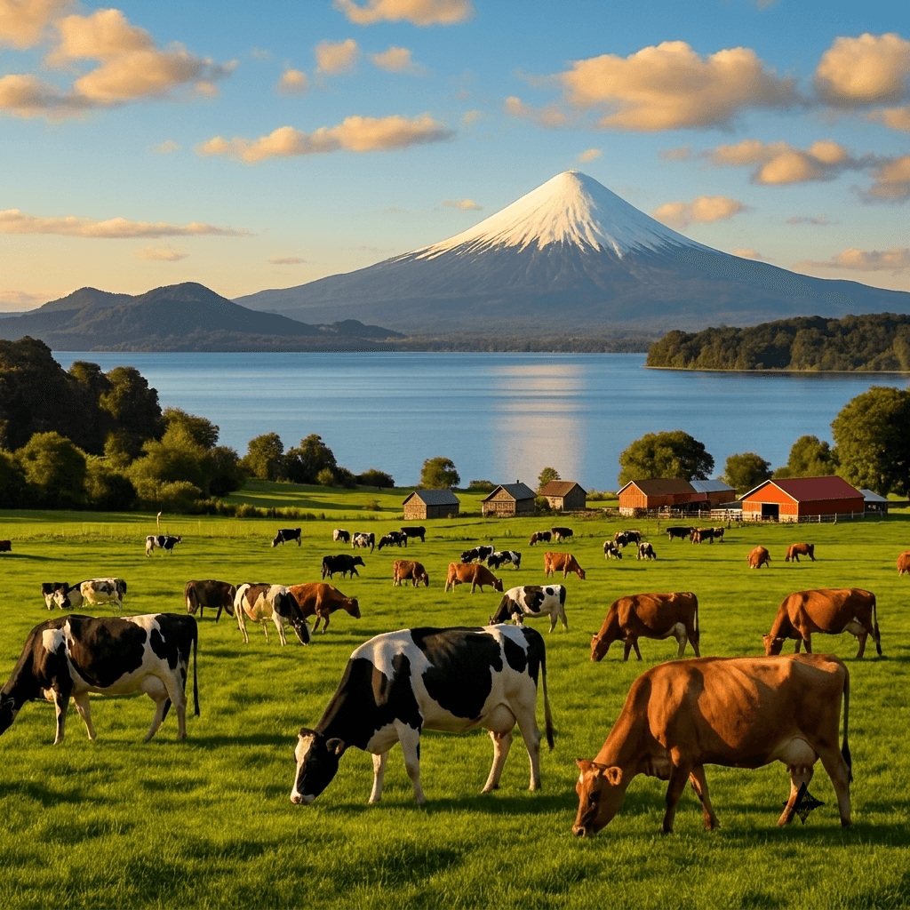 Praderas ganaderas de Frutillar con el volcán Osorno al fondo